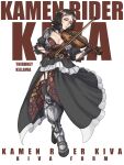  1girl armored_boots black_choker black_dress black_hair black_thighhighs boots breasts chain character_name choker cleavage commentary copyright_name crossed_ankles dress frilled_dress frills full_body hair_ornament highres instrument jinri_shijie kamen_rider kamen_rider_kiva kamen_rider_kiva_(kiva_form) kamen_rider_kiva_(series) large_breasts looking_at_viewer mechanical_hands medium_hair multicolored_hair playing_instrument playing_violin red_hair rider-tan simple_background solo thigh_boots thighhighs three-quarter_sleeves tokusatsu two-tone_hair violin white_background yellow_eyes zettai_ryouiki 