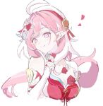  1girl 3ikns beret breasts cleavage commentary cropped_shoulders diamond-shaped_pupils diamond_(shape) dress earrings elf elysia_(hi_love_elf)_(honkai_impact) elysia_(honkai_impact) hat heart heart_earrings highres honkai_(series) honkai_impact_3rd jewelry large_breasts long_hair long_pointy_ears looking_at_viewer multicolored_hair pink_hair pointy_ears purple_eyes red_dress simple_background smile solo symbol-shaped_pupils two-tone_hair very_long_hair white_background white_hair 