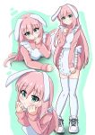  1girl absurdres ahoge animal_ears apron blue_eyes blush bocchi_the_rock! bow commentary dress gotoh_hitori hair_between_eyes hands_on_own_face highres long_hair long_sleeves looking_at_viewer maid maid_apron open_mouth pink_dress pink_hair rabbit_ears shoes side_ahoge sim_evo simple_background solo thighhighs thighs white_apron white_bow white_shoes white_thighhighs 