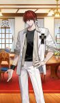  1boy black_eyes blazer brown_shirt collared_shirt commentary_request cowboy_shot expressionless fate/grand_order fate_(series) game_asset hair_intakes hair_over_eyes hand_on_own_hip harada_sanosuke_(academy_outfit)_(fate) harada_sanosuke_(fate) itefu jacket lapels looking_at_viewer male_focus multiple_scars notched_lapels official_art open_clothes open_jacket open_shirt pants parted_lips partial_commentary red_hair scar scar_on_arm shirt shirt_under_shirt short_hair sleeves_rolled_up solo standing third-party_source unbuttoned white_jacket white_pants wristband 