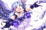  1girl :d bead_necklace beads blue_dress blue_feathers blue_gloves blue_hair blue_wings character_name commentary_request dress falling_feathers feathered_wings feathers gloves happy_birthday highres idolmaster idolmaster_(classic) idolmaster_million_live! idolmaster_million_live!_theater_days jewelry kamota_kamosuke kisaragi_chihaya kisaragi_chihaya_(brilliant_diva) long_hair looking_up necklace official_alternate_costume open_mouth orange_eyes outstretched_arms simple_background smile solo strapless strapless_dress white_background wings 