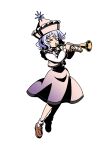 >_< 1girl absurdres blue_hair closed_eyes commentary_request frilled_hat frills full_body gradient_clothes gradient_skirt hat highres holding holding_instrument holding_trumpet instrument limone_illust loafers long_sleeves medium_hair merlin_prismriver pink_skirt pink_vest playing_instrument purple_skirt red_shoes shirt shoes simple_background skirt socks solo touhou trumpet vest white_background white_shirt white_socks 