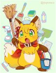  1other animal_ear_fluff animal_ears blush_stickers broom bucket chibikemo collar commentary_request digitigrade drop_shadow fang fox_ears fox_tail full_body furry green_background green_eyes hair_ribbon highres holding holding_broom holding_bucket open_mouth original other_focus outline po!_(popoemo) red_collar red_ribbon ribbon simple_background standing tail v-shaped_eyebrows white_outline 