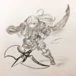  1boy androgynous armor axe battle_axe belt boots breastplate cloak closed_mouth commentary_request elf fighting_stance fingerless_gloves frown full_armor full_body gauntlets gloves graphite_(medium) highres holding holding_axe jun_(navigavi) leg_armor long_hair looking_at_viewer male_focus monochrome original paper_background pauldrons photo_(medium) pointy_ears ponytail shorts shoulder_armor sidelocks single_fingerless_glove single_gauntlet sketch solo traditional_media vambraces weapon 
