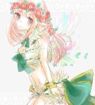  1girl bikini blue_eyes blush bow breasts closed_mouth commentary_request cowboy_shot dormir_(challco) feathered_wings flower green_bow grey_background head_wreath long_hair looking_at_viewer navel pink_hair pointy_ears ragnarok_online red_flower small_breasts smile solo swimsuit wanderer_(ragnarok_online) white_bikini white_wings wings 