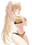  1girl absurdres arm_up armpits blonde_hair bra breasts closed_mouth commentary cowboy_shot feather_hair from_side hair_intakes highres large_breasts long_hair looking_at_viewer looking_to_the_side navel panties pdxen presenting_own_armpit sidelocks sideways_glance simple_background smile solo stomach suisui_(wuthering_waves) tacet_mark_(wuthering_waves) thighs underwear underwear_only untranslatable_commentary white_background wuthering_waves yellow_bra yellow_eyes yellow_panties 
