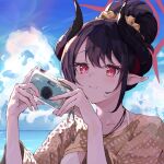  1girl backlighting bikini black_hair black_horns blue_archive camera chiaki_(blue_archive) chiaki_(swimsuit)_(blue_archive) closed_mouth cloud commentary hair_bun halo highres holding holding_camera horns jewelry kuronagasu_ir long_hair looking_at_viewer official_alternate_costume official_alternate_hairstyle pendant pointy_ears portrait red_eyes red_halo see-through_clothes see-through_shirt shirt sky solo swimsuit white_bikini 