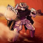  1boy alternate_costume brown_hat brown_poncho clenched_hand commentary cowboy_hat crash_(gravity_circuit) desert drill_hand dust english_commentary erichan1111 full_body gravity_circuit hands_up hat hat_over_one_eye highres horns horns_through_headwear humanoid_robot male_focus one_eye_covered orange_sky orange_theme plateau robot sky solo standing white_eyes 