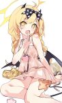  1girl absurdres ahoge barefoot black_horns black_tail black_wings blonde_hair blue_archive bow braid commentary demon_girl demon_horns demon_tail demon_wings dress_swimsuit feet finger_to_mouth halo highres horns ibuki_(blue_archive) ibuki_(swimsuit)_(blue_archive) long_hair low_twin_braids low_wings one-piece_swimsuit open_mouth pink_one-piece_swimsuit polka_dot polka_dot_bow polka_dot_swimsuit sitting small_horns soles solo starfish swimsuit tail thighs toes twin_braids untranslatable_commentary weeyi wings yellow_eyes yellow_halo 