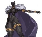  1girl black_bodysuit black_panther_(series) black_panther_(shuri) bodysuit breasts cape cat_mask clawed_gloves commentary fur-trimmed_cape fur_trim gold_thighlet highres huge_breasts jewelry marvel marvel_tokon:_fighting_souls mask muscular muscular_female outstretched_arm purple_cape solo superhero_costume taiyang_yu thick_thighs thighlet thighs 