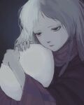  1girl black_eyes black_robe closed_mouth commentary_request egg fingernails girl_(tenshi_no_tamago) grey_background grey_hair highres holding holding_egg long_hair long_sleeves parted_lips robe saru_bannu simple_background solo tenshi_no_tamago_(anime) 