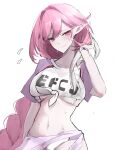 1girl absurdres blush braid breasts clothes_writing commentary elf elysia_(herrscher_of_human:_ego)_(honkai_impact) elysia_(honkai_impact) elysia_(summer_2024)_(honkai_impact) fuahina highres honkai_(series) honkai_impact_3rd large_breasts long_hair long_pointy_ears looking_at_viewer navel official_alternate_costume pink_hair pointy_ears purple_eyes sarong shirt simple_background smile solo stomach sweatdrop tied_shirt two-tone_buruma two-tone_shirt very_long_braid very_long_hair white_background white_sarong 