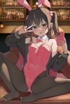  1girl absurdres alcohol animal_ears arm_at_side arm_up armpit_crease armpits bamiko_(nanju_bami) bar_(place) bare_shoulders bottle bow bowtie breasts brown_eyes brown_hair brown_jacket brown_pantyhose cameltoe cellphone chair commentary_request covered_navel detached_collar fake_animal_ears fluf.p hair_between_eyes hair_tie highres holding holding_phone jacket jacket_partially_removed korean_commentary leotard liquor looking_at_viewer on_chair original pantyhose phone pink_bow pink_bowtie pink_leotard playboy_bunny rabbit_ears small_breasts solo spread_legs tongue tongue_out twintails v 