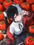  1girl absurdres ahoge ai-generated belt black_choker black_pantyhose bow choker collared_shirt commentary_request facial_tattoo food grey_hair hair_bow highres huge_ahoge jacket jw6 lacrimosa_(nte) light_blush long_hair long_sleeves looking_at_viewer looking_up mixed-language_commentary multicolored_hair neverness_to_everness off_shoulder one_eye_closed open_clothes open_jacket pantyhose parted_lips red_eyes red_jacket shade shirt sitting skirt solo tattoo tomato twintails two-tone_hair upper_body wariza white_shirt 