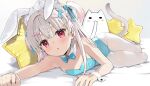  1girl animal_ears bare_shoulders bed_sheet blue_bow blue_bowtie blue_leotard bow bowtie breasts bunny_day cat_tail collar commentary detached_collar fake_animal_ears fish_hair_ornament grey_hair hair_between_eyes hair_bow hair_ornament hairclip highres indie_virtual_youtuber leotard long_hair maid_headdress multicolored_hair natsume_eri natsume_eri_(vtuber) no_shoes pantyhose pink_hair rabbit_ears red_eyes small_breasts solo star-shaped_pillow strapless strapless_leotard tail two-tone_hair two_side_up very_long_hair virtual_youtuber white_collar white_pantyhose wing_collar wrist_cuffs 