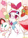  1other bandage_on_face bandages cherry commentary dango flower food fruit furry hair_ornament hairband highres holding ice_cream injury mew_mew_chikorita_moon original other_focus parfait petals pink_eyes sanshoku_dango sitting solo strawberry sweets untranslatable_commentary wagashi white_fur 