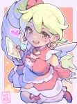  1girl artist_logo artist_name blonde_hair blush border breasts brooch cleavage cleavage_cutout clothing_cutout commentary detached_sleeves dress drill_hair earrings english_commentary floating_earrings frilled_dress frills from_above gameoverse heart heart_brooch heart_earrings highres holding holding_photo inkrelic jewelry kit_bodega kneehighs large_breasts logo long_hair lulu_(gameoverse) mole mole_under_eye open_mouth outline outside_border photo_(object) pink_dress pink_socks polaroid_photo socks solo teeth upper_teeth_only white_border white_outline yellow_eyes 