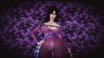  1girl 3d absurdres black_hair bodysuit breasts cat's_eye commentary_request highres huge_breasts kisugi_rui long_hair makeup mature_female purple_bodysuit red_lips sash solo solo_focus wide_hips xiuyan_official 