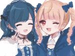  2girls :d black_bow black_ribbon blonde_hair blue_bow blue_hair blue_jacket bow collared_shirt commentary_request fang fluffy_clothes hair_bow jacket long_hair looking_at_viewer minamo_madoka minamo_madoka_(2nd_costume) mole mole_under_eye multiple_girls neck_ribbon nijisanji red_eyes ribbon shirasa_ayane shirasa_ayane_(2nd_costume) shirasa_ayane_(artist) shirt simple_background smile v virtual_youtuber white_background white_shirt 