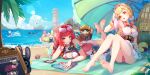  6+girls absurdres alice_thymefield alice_thymefield_(sea_of_thyme) animal_ears barefoot beach blonde_hair blue_sky braid breasts chinese_commentary cleavage cloud commentary_request cup dress_swimsuit drinking_glass eyewear_on_head food full_body green_eyes hair_ornament heterochromia highres ice_cream kamanosuke_(zenless_zone_zero) long_hair looking_at_viewer low_twintails lying mountain multiple_girls ocean on_stomach one-piece_swimsuit outdoors palm_tree parasol pink_one-piece_swimsuit rabbit_ears rabbit_girl red_eyes red_hair sitting sky sunlight surfboard swimsuit tree twintails two-tone_one-piece_swimsuit ukinami_yuzuha ukinami_yuzuha_(tanuki_in_broad_daylight) umbrella waves yellow_eyes yenaidada zenless_zone_zero zzz 