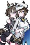  2girls ahoge animal_ears ascot black_boots black_shirt black_shorts blue_cape blue_eyes blush boots breasts brown_hair cape cheval_grand_(grand_itineraire)_(umamusume) cheval_grand_(umamusume) closed_mouth commentary_request ear_covers ears_through_headwear gloves grey_hair grey_streaks hair_between_eyes hair_ornament hair_over_one_eye hat hat_belt high-waist_shorts highres horse_ears horse_girl horse_tail hug hug_from_behind jacket kikkasoon looking_at_viewer medium_breasts midriff_peek multicolored_hair multiple_girls peaked_cap rulership_(monochrome_gm)_(umamusume) rulership_(umamusume) shirt short_hair shorts simple_background sleeveless sleeveless_shirt smile streaked_hair tail thigh_boots umamusume white_background white_gloves white_hair white_hat white_jacket yellow_ascot 