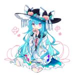  1girl apron black_hat blue_hair blue_skirt bow commentary_request eating flower food frilled_shirt_collar frilled_sleeves frills fruit full_body hat hat_bow hat_ornament highres hinanawi_tenshi holding holding_food holding_fruit jitome lace-trimmed_bow lace_trim leaf_hat_ornament long_hair long_sleeves one-hour_drawing_challenge peach pink_eyes rainbow_order roamu_65 shirt sidelocks sitting skirt solo touhou very_long_hair white_apron white_bow white_shirt wide_sleeves 
