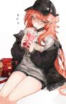  1girl absurdres arknights bag baseball_cap black_choker black_hat black_jacket black_mask black_shorts bubble_tea choker commentary drink drinking drinking_straw feet_out_of_frame hair_bun handbag haruka_(arknights) hat highres holding holding_drink jacket legs_together long_sleeves mask mask_pull mouth_mask off_shoulder open_clothes open_jacket orange_eyes orange_hair pointy_ears print_shirt rimless_eyewear round_eyewear shirt short_shorts shorts simple_background sitting solo thighs unworn_bag wavy_hair white_background white_shirt yotsutsu428 