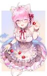  1girl absurdres ahoge aineko_hiyori animal_ears apron azna center_frills commentary_request dress flower food frills fruit glasses hair_flower hair_ornament hair_ribbon highres holding indie_virtual_youtuber one_eye_closed open_mouth pink_eyes pink_flower pink_hair pink_ribbon ribbon second-party_source smile solo strawberry thighhighs virtual_youtuber white_apron white_flower white_thighhighs 