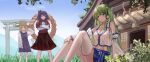 3girls absurdres blonde_hair blue_skirt blue_sky breasts brown_hat cleavage closed_mouth collared_shirt commentary_request day detached_sleeves frog_hair_ornament green_eyes green_hair hair_ornament hair_ribbon hair_tubes hat highres kochiya_sanae large_breasts layered_sleeves leaf leaf_hair_ornament long_sleeves looking_at_viewer maple_leaf medium_hair midriff moriya_family_(touhou) moriya_shrine moriya_suwako multiple_girls navel outdoors purple_hair purple_skirt purple_vest red_eyes red_ribbon red_shirt ribbon rope shimenawa shirt short_over_long_sleeves short_sleeves single_hair_tube sitting skirt skirt_set sky sleeveless sleeveless_shirt smile snake_hair_ornament thighhighs torii touhou tress_ribbon vanilla_flan vest white_shirt white_thighhighs yasaka_kanako yellow_eyes 