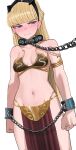  1girl am_(star_wars) blonde_hair blush chain chain_leash clenched_hands clenched_teeth collar cuffs embarrassed highres huttslayer_leia jourd4n leash loincloth metal_bikini pelvic_curtain princess_leia purple_eyes revealing_clothes shackles simple_background slave solo star_wars star_wars:_visions teeth viewer_holding_leash white_background 