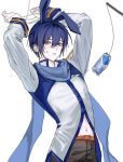  1boy animal_ears arms_up belt belt_buckle blue_eyes blue_hair blue_scarf blue_trim bound bound_wrists brown_belt brown_pants buckle carrot_on_stick coat commentary_request cowboy_shot extra_ears food hair_between_eyes highres ice_cream kaito_(vocaloid) kemonomimi_mode korean_commentary leaning_back long_sleeves looking_at_viewer male_focus navel open_mouth pants rabbit_ears scarf short_hair small_sweatdrop solo trapped van_waterrr vocaloid white_coat 
