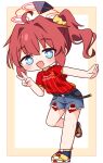  1girl :d absurdres ahoge blue_archive blue_eyes blue_shoes blue_shorts blush bright_pupils commentary_request exposed_pocket full_body hair_intakes hair_ornament hair_scrunchie halo hana_kazari hand_up highres long_hair looking_at_viewer maki_(blue_archive) maki_(j_league)_(blue_archive) multicolored_shoes official_alternate_costume open_mouth red_hair red_halo red_shirt scrunchie shirt shoes short_sleeves shorts side_ponytail smile sneakers solo standing standing_on_one_leg striped_clothes striped_shirt two-tone_shoes v vertical-striped_clothes vertical-striped_shirt white_background white_pupils yellow_shoes 