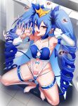  1girl armpits big_shine blue_hair blue_nails blue_panties bombergirl breasts commentary_request covered_nipples demon_girl demon_tail detached_sleeves drill_hair fangs fellatio_gesture highres lewisia_aquablue long_hair looking_at_viewer navel panties pointy_ears pubic_tattoo pussy_juice pussy_juice_drip pussy_juice_drip_through_clothes small_breasts squatting tail tattoo thigh_strap tongue tongue_out twin_drills twintails underwear variant_set very_long_hair yellow_eyes 
