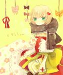  1girl arch_bishop_(ragnarok_online) blanket blonde_hair blush bow brown_scarf closed_mouth commentary_request cup dormir_(challco) dress expressionless full_body green_eyes hair_ornament heart heart_hair_ornament holding holding_cup looking_at_viewer mug polka_dot polka_dot_scarf ragnarok_online red_dress sash scarf short_hair sitting solo striped_clothes striped_thighhighs thighhighs vertical-striped_clothes vertical-striped_thighhighs white_thighhighs yellow_background yellow_sash 