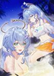  2girls absurdres blue_hair breasts cleavage commentary crop_top cropped_shirt dual_persona fanta green_eyes hair_ornament halo head_wings highres honkai:_star_rail honkai_(series) large_breasts long_hair midriff miniskirt multiple_girls navel night official_alternate_costume orange_skirt partially_submerged robin_(fanta)_(honkai:_star_rail) robin_(honkai:_star_rail) robin_(summeretto)_(honkai:_star_rail) skirt sky smile soaking_feet srpzk star_(sky) starfish_hair_ornament starry_sky swimsuit tank_top very_long_hair water white_tank_top white_wings wings 