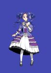  1girl bad_id bad_pixiv_id black_shoes black_trim child collar dress forehead frilled_collar frilled_dress frilled_sleeves frills frown full_body hair_ribbon hand_up highres long_sidelocks long_sleeves looking_at_viewer medium_dress melty_q_melromarc minami_seira neck_ribbon official_art pantyhose pink_lips princess promotional_art purple_background purple_dress purple_eyes purple_hair purple_ribbon ribbon ribbon-trimmed_collar ribbon_trim shoes sidelocks simple_background solo split_mouth straight-on tate_no_yuusha_no_nariagari twintails two-tone_dress v-shaped_eyebrows white_collar white_dress white_pantyhose 