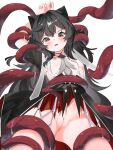  1girl absurdres animal_ears arms_up black_hair blush breasts brown_eyes cleft_of_venus commentary_request commission fg7om hair_between_eyes hair_intakes highres looking_at_viewer nipples no_panties original pussy red_skirt restrained short_hair short_sleeves skirt small_breasts solo tentacles thighs torn_clothes white_background 