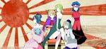  adapted_costume backless_outfit blue_dress blue_eyes blue_hair brown_eyes brown_hair cape dress green_dress green_eyes green_hair gyuunyuu_(cat-on-moon) hat highres jiangshi kaku_seiga kiseru miyako_yoshika mononobe_no_futo multiple_girls ofuda pipe silver_eyes silver_hair smoking soga_no_tojiko sun_(symbol) sunburst throne touhou toyosatomimi_no_miko 