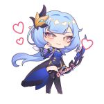  1girl absurdres black_boots black_shorts blue_corset blue_hair boots bow_(weapon) chibi chibi_only commentary corset elf elysia_(honkai_impact) elysia_(miss_pink_elf)_(honkai_impact) hair_ornament heart herrscher_of_corruption highres holding holding_bow_(weapon) holding_weapon honkai_(series) honkai_impact_3rd long_hair looking_at_viewer orange_eyes pointy_ears short_shorts shorts simple_background smile solo thigh_boots tsuume twitter_username very_long_hair weapon white_background 