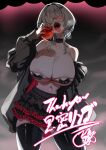  1girl absurdres apple belt_collar bikini black_bikini black_skirt black_thighhighs blue_nails breasts breath character_request cleavage collar collarbone commentary_request commission copyright_request eyepatch_bikini food fruit glasses hair_over_one_eye highres holding holding_food holding_fruit large_breasts long_sleeves open_mouth pink_eyes round_eyewear shadow sharp_teeth skeb_commission skirt solo sui_hi_sf swimsuit teeth thank_you thighhighs white_hair 