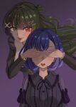  2girls absurdres akiha_school_uniform bang_dream! bang_dream!_yumemita black_hair black_ribbon bob_cut breasts commentary_request covering_another's_eyes dress frilled_dress frills fuji_miyako fuji_miyako_(real) green_hair hair_bun hair_ornament hairclip hand_over_another's_eyes heterochromia highres large_breasts long_hair long_sleeves mole mole_under_mouth multiple_girls one_side_up open_mouth purple_hair ribbon school_uniform single_side_bun sweat upper_body viola_(bang_dream!) x_hair_ornament yuri zaurusu_dan 