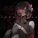  1girl android black_background black_hair black_liquid black_sclera blush colored_sclera commission cunnilingus_gesture cytus cytus_ii dark_persona flower hair_flower hair_ornament half-closed_eyes hand_on_own_knee hand_to_own_mouth inward_v knee_to_chest metal_skin number_tattoo open_mouth red_eyes red_flower short_hair sitting skin_seams smile spongeman9214 tattoo tongue tongue_out twitter_username v vanessa_(cytus_ii) withered 