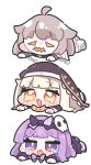  ahoge alice_(trickcal) black_veil blonde_hair blunt_bangs bow chain chibi chibi_only commentary_request espi_(trickcal) hair_bow highres long_hair lying multiple_girls nun on_stomach open_mouth orange_eyes plaid_bow purple_bow purple_eyes purple_hair simple_background speaki_(trickcal) syurikenmaru tearing_up trickcal veil white_background 