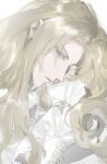  1boy blonde_hair blue_eyes chinese_commentary closed_mouth commentary_request curtained_hair diamond_(gemstone) ear_piercing earrings english_commentary expressionless frilled_sleeves frills from_side gloves highres jewelry long_hair long_sleeves looking_at_viewer lucifer_(tianshen_youyi) mixed-language_commentary parted_bangs piercing portrait profile shirt sideways_glance simple_background solo stud_earrings tianshen_youyi tknife watermark wavy_hair weibo_watermark white_background white_gloves white_shirt 