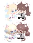  >_< 2girls :d animal_ear_fluff animal_ears before_and_after black_sweater blonde_hair blue_eyes blue_hair blush brown_hair cat_ears cat_girl cat_tail chibi chibi_only closed_eyes commentary_request dog_ears dog_girl dog_tail earrings fang flower fujishima_megumi fujishima_megumi_(post-graduation_casual) full_body gradient_hair hair_flower hair_intakes hair_ornament heart heart_earrings heart_necklace highres hood hoodie jacket jewelry kemonomimi_mode long_sleeves love_live! love_live!_hasu_no_sora_jogakuin_school_idol_club mira-cra_park! multicolored_hair multiple_girls necklace no_lineart open_clothes open_jacket open_mouth osawa_rurino osawa_rurino_(winter_casual) parted_bangs pink_flower ponytail purple_sweater sitting skin_fang smile stud_earrings sweater tail twintails virtual_youtuber watage_modoki white_hoodie white_jacket xd 