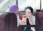  2boys beatrice_(re:zero) black_hair black_shirt blush booth_seating collared_shirt commentary_request de_et_009 diner food glasses hand_on_own_cheek hand_on_own_face head_rest highres indoors julius_juukulius male_focus multiple_boys natsuki_subaru open_mouth pants parfait purple_hair re:zero_kara_hajimeru_isekai_seikatsu reinhard_van_astrea shirt short_hair sitting strawberry_parfait sweatdrop white_shirt 