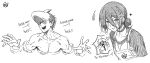  1girl 2boys :p apron beam_(chainsaw_man) blush breasts chainsaw_man choker closed_mouth collarbone commentary cropped_torso denji_(chainsaw_man) flower greyscale hair_between_eyes hair_bun hair_flower hair_ornament hatching_(texture) heart korean_text linear_hatching loosely_tucked_bangs mery_(yangmalgage) monochrome multiple_boys muscular muscular_male open_mouth reze_(chainsaw_man) shark_boy shark_head sharp_teeth shirt short_hair signature sketch small_breasts spoken_character teeth through_wall tongue tongue_out translated upper_body 
