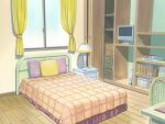  bed bedroom book book_stack bookshelf cabinet chair computer cup curtains day desk desk_lamp game_asset indoors lamp mahou_senshi_(series) mahou_senshi_princess_tear monitor no_humans non-web_source official_art pillow scenery self-datamine shelf table television visual_novel_cg window wooden_floor 