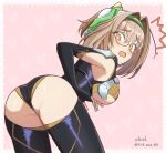  !? 1girl absurdres artist_name ass blush bodysuit breasts brown_hair commentary_request elbow_gloves embarrassed fingerless_gloves from_behind furrowed_brow glasses gloves green_hairband hair_intakes hairband highres large_breasts leotard looking_at_viewer looking_back mecha_musume open_mouth orange_eyes osunahanko raised_eyebrows remiel_(starward) short_hair solo starward surprised thighhighs twitter_username underboob wavy_mouth yellow_eyes 