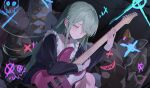  1girl 7-string_guitar absurdres bang_dream! bang_dream!_it's_mygo!!!!! black_background black_choker blue_dress choker dress electric_guitar expressionless extended_range_guitar frilled_dress frills graffiti green_hair guitar hair_ornament hair_over_one_eye hairclip highres holding holding_guitar holding_instrument instrument long_hair looking_down monky parted_bangs sidelocks sitting solo stuffed_animal stuffed_cat stuffed_toy teddy_bear wakaba_mutsumi yellow_eyes 